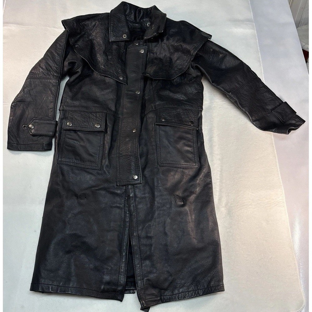 Vtg Unik International Premium Black Leather Duster Jacket - Size 14- Remov Cape